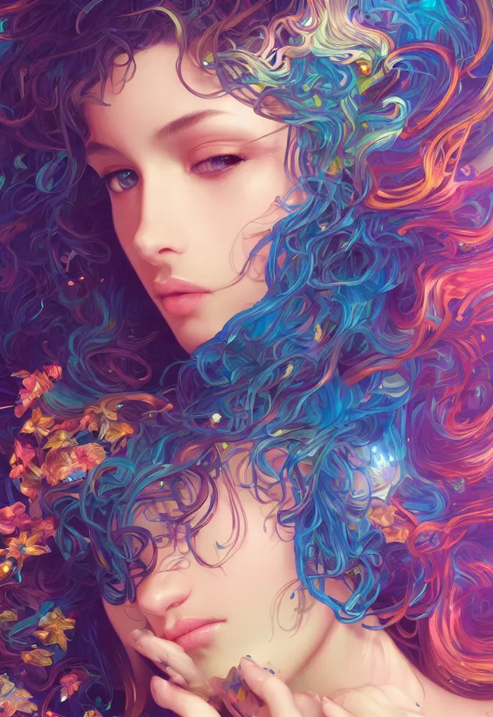 Image similar to beautiful, young woman, magical, detailed gorgeous face, vaporwave aesthetic, synthwave, colorful, psychedelic, artstation, concept art, smooth, extremely sharp detail, finely tuned detail, ultra high definition, 8 k, unreal engine 5, ultra sharp focus, illustration, art by artgerm, greg rutkowski and alphonse mucha