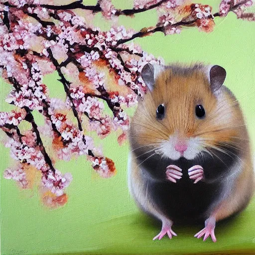 Image similar to “ a naturalistic painting, of a hamster in shogun armor, with sakura blossoms in the background, oil on canvas, a 4 canvas ”