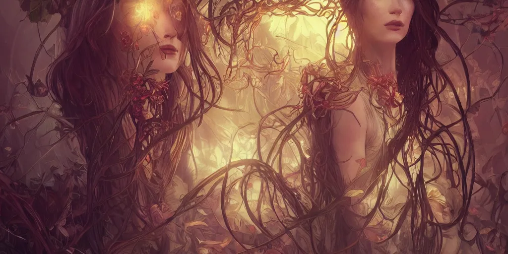 Image similar to scary plant people with tendrils, ominous, intense lighting, light beams, lens flare, intricate, elegant, highly detailed, digital painting, artstation, concept art, smooth, sharp focus, illustration, art by artgerm and serpentigena and alphonse mucha