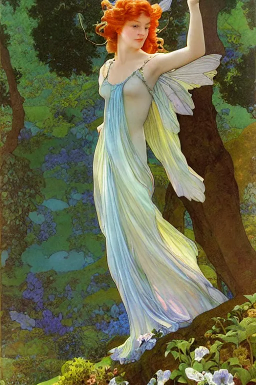 Image similar to a beautiful fairy wearing a silk gown, in a lord of the rings scenery landscape, rainbowshift, by maxfield parrish, alphonse mucha, brian froud, artgerm