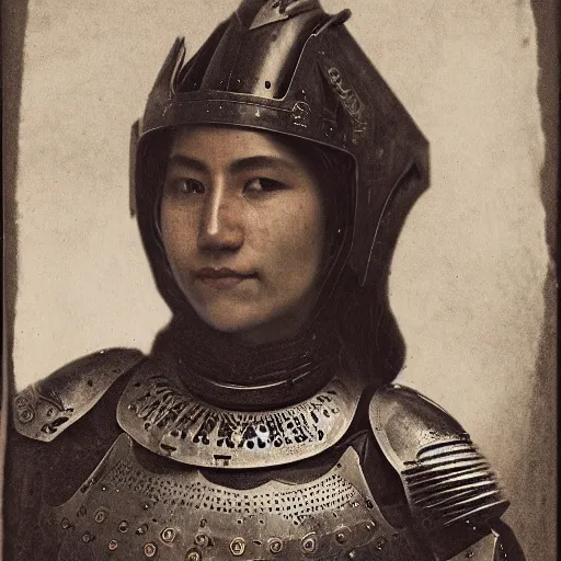 Prompt: head and shoulders portrait of a female knight, quechua!, lorica segmentata, cuirass, tonalist, symbolist, realistic, ambrotype, baroque, detailed, modeled lighting, vignetting, indigo and venetian red, angular, smiling, phoenix