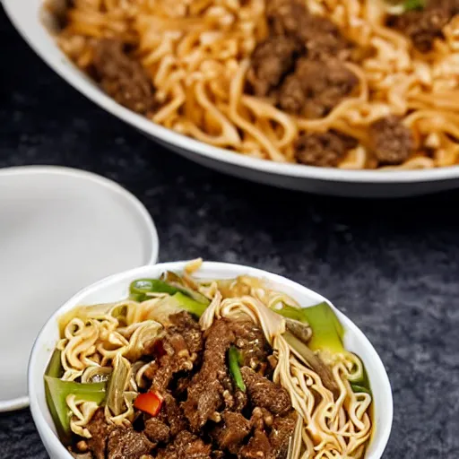 Image similar to a bowl of noodles with mixed beef sauce