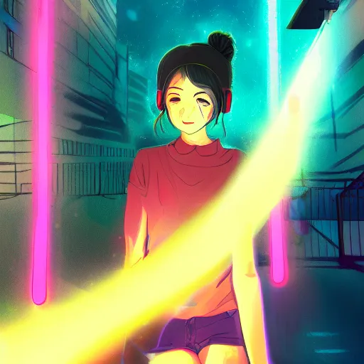 Image similar to listening to music at 2 am, night, pretty hispanic girl, pose, neon rain, lofi, lofi, peaceful, street light, anime key visual, poster, street wears, anime, by ghibli, ghibli studio high quality, 4 k, trending, trending on artstation