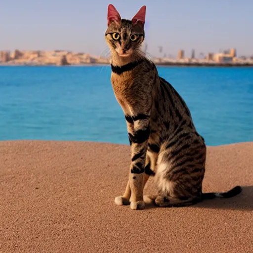 Prompt: egyptian cat at the beach, professional photo