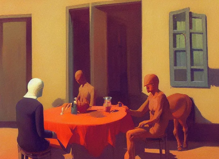 Prompt: painting about a man dining with a horse, science fiction, Edward Hopper and James Gilleard, Zdzislaw Beksinski, highly detailed