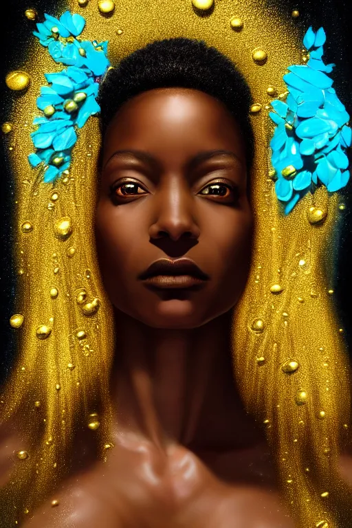 Image similar to hyperrealistic post - futurist cinematic profile very expressive! black oshun goddess, in water! up to shoulders, mirror dripping droplet!, gold flowers, highly detailed face, digital art masterpiece, smooth eric zener cam de leon, dramatic pearlescent turquoise light on one side, low angle uhd 8 k, shallow depth of field