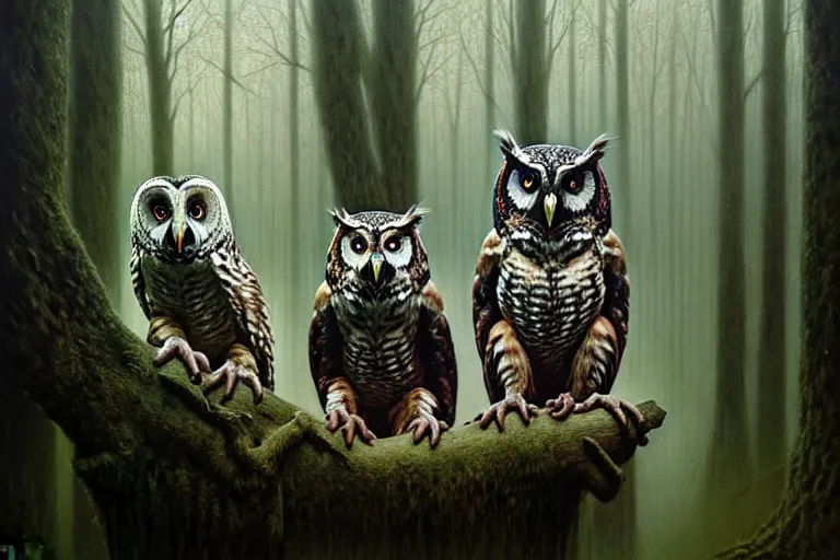 Prompt: photo, owls and coatis scene, woodland location, stefan kostic and david cronenberg, realistic, sharp focus, 8 k high definition, intricate, chiaroscuro, elegant, perfect faces, symmetrical face, extremely detailed, hypnotic eyes, realistic, fantasy art, masterpiece zdzislaw beksinski, artgerm