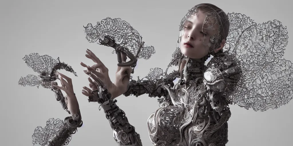 Image similar to hyper realistic photography of a stunningly cyborg female, intimate, holding hands, kissing, delicate fan of blades, in the style of beth cavener, jin kagetsu,, and wlop, highly detailed, intricate filigree, chrome face symmetry, masterpiece, award - winning, sharp focus, concept art, high key, ambient lighting, 8 k, octane render,