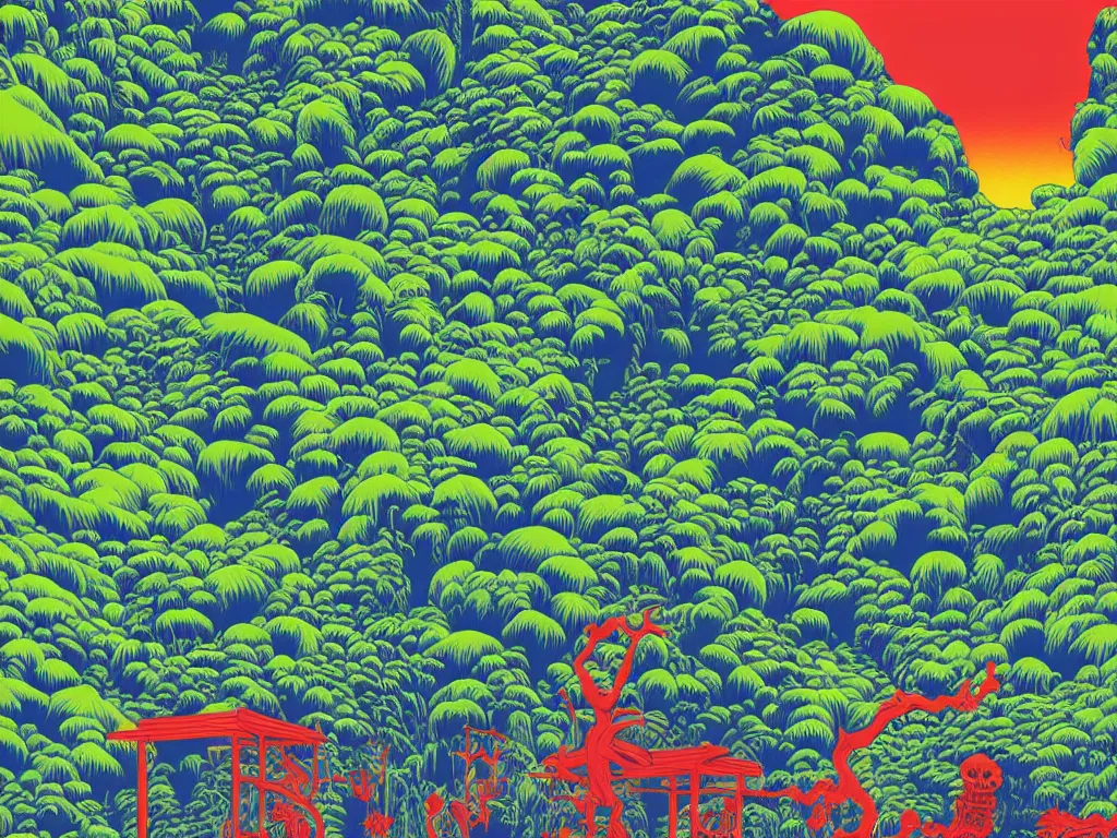 Prompt: the perfect jungle monster and squirting fluorescent liquid in the amazon, flat design, screen print by jeffrey smith and Yves Klein, in the foreground is a floating skeleton by Kawase Hasui