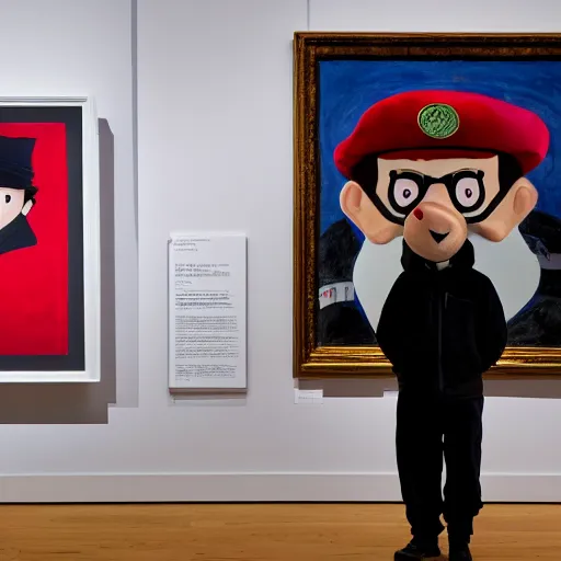 Image similar to postman pat in an art gallery with his cat jess, white gallery, performance art, contemporary, photorealistic