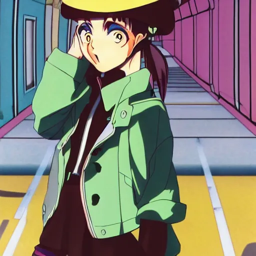 Image similar to anime girl with very large beret, cel - shading, 2 0 0 1 anime, flcl, jet set radio future, golden hour, underground facility, underground tunnel, pipes, rollerbladers, rollerskaters, cel - shaded, jsrf, strong shadows, vivid hues, y 2 k aesthetic