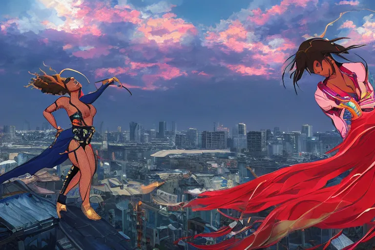 Image similar to beyonce dressed as a ninja riding a red horse is attacking an powerful goddess on a harlem rooftop, highly detailed, 4k resolution, lighting, anime scenery by Makoto shinkai