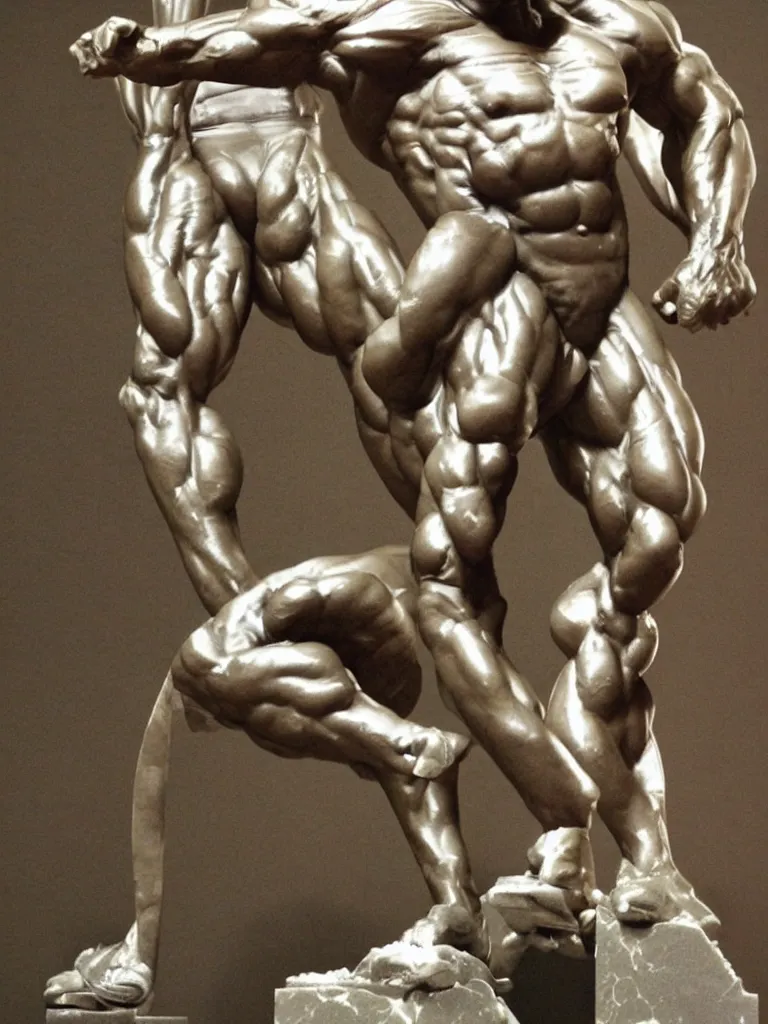 Image similar to a marble statue of Ronnie Coleman by Michaelangelo