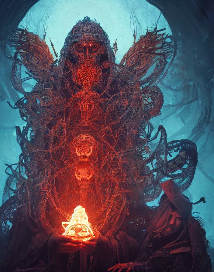 Prompt: demon goddess close-up portrait tribal slavic russian monk in hooded robe skull, sitting on intricate throne, ancient high tech, cyberpunk, dystopian, jellyfish phoenix dragon, butterfly squid, burning halo, intricate artwork by Tooth Wu and wlop and beeple, greg rutkowski, very coherent symmetrical artwork, cinematic, hyper realism, high detail, octane render, unreal engine, 8k, Vibrant colors, Smooth gradients, High contrast, depth of field, aperture f1.2