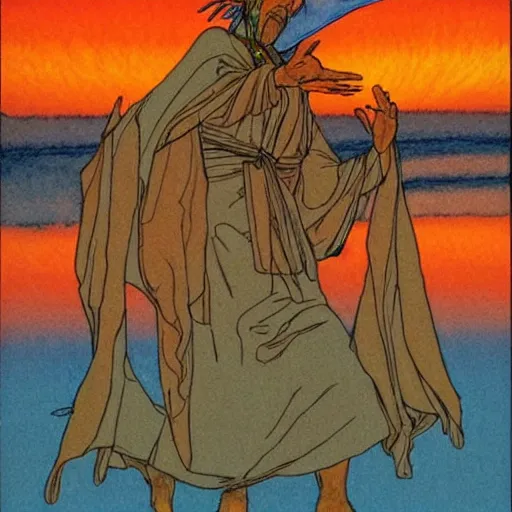 Image similar to sunset in a desert, shaman wearing a blue robe doing a ritual, energy streams, magic, drawing by moebius