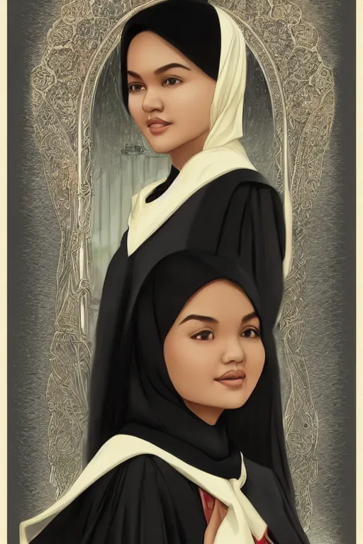 Image similar to portrait of young siti nurhaliza as a lawyer, highly detailed, digital painting, artstation, concept art, sharp focus, illustration, art by kittichai rueangchaichan and james gurney and alphonse mucha