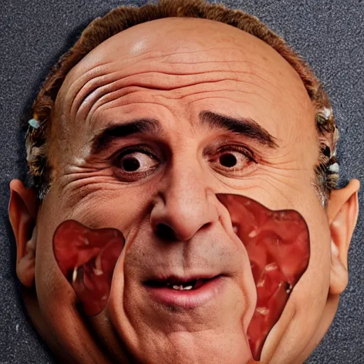 Prompt: danny devitos face made of meat