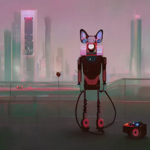 Prompt: a cyberpunk corgi robot, digital painting by simon stalenhag