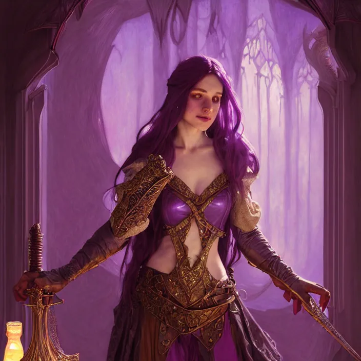 Prompt: veiled d & d bard with her lilac leather armor in a fantasy inn, volumetric lighting, fantasy, intricate, elegant, highly detailed, lifelike, photorealistic, digital painting, artstation, fox ears illustration, concept art, sharp focus, byalbert aublet and krenz cushart and artem demura and alphonse mucha