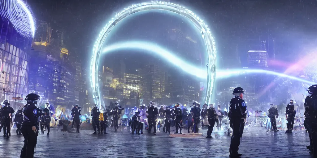 Prompt: policemen protecting a huge spiral - shaped bright luminous attractor right in the center of the city from protesting people,, rain and light fog, professional lighting, concept art in 3 d, high detail, professional lighting, 8 k, unreal engine