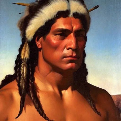 Image similar to portrait of a muscular native american god with the head of a buffalo, by j. c. leyendecker, tamara de lempicka, bouguereau, rockwell