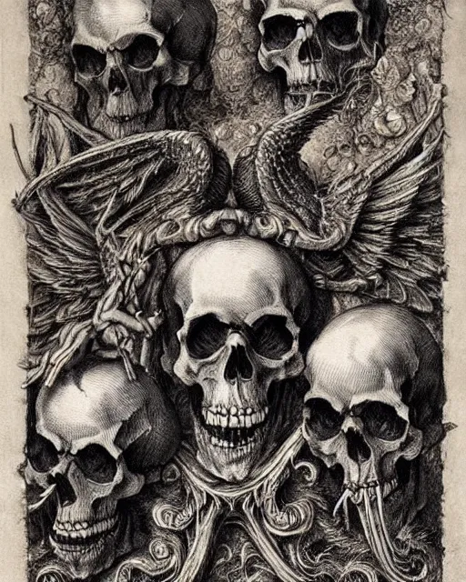 Prompt: gates of hell, skulls, wings, fine details, photorealistic, intricate complexity, extremely detailed, very sharp, in the style of albrecht durer,