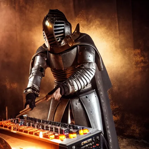 Prompt: photograph of a dubstep dj in medieval crusader armor djing during a medieval party, 8 k resolution, high detail
