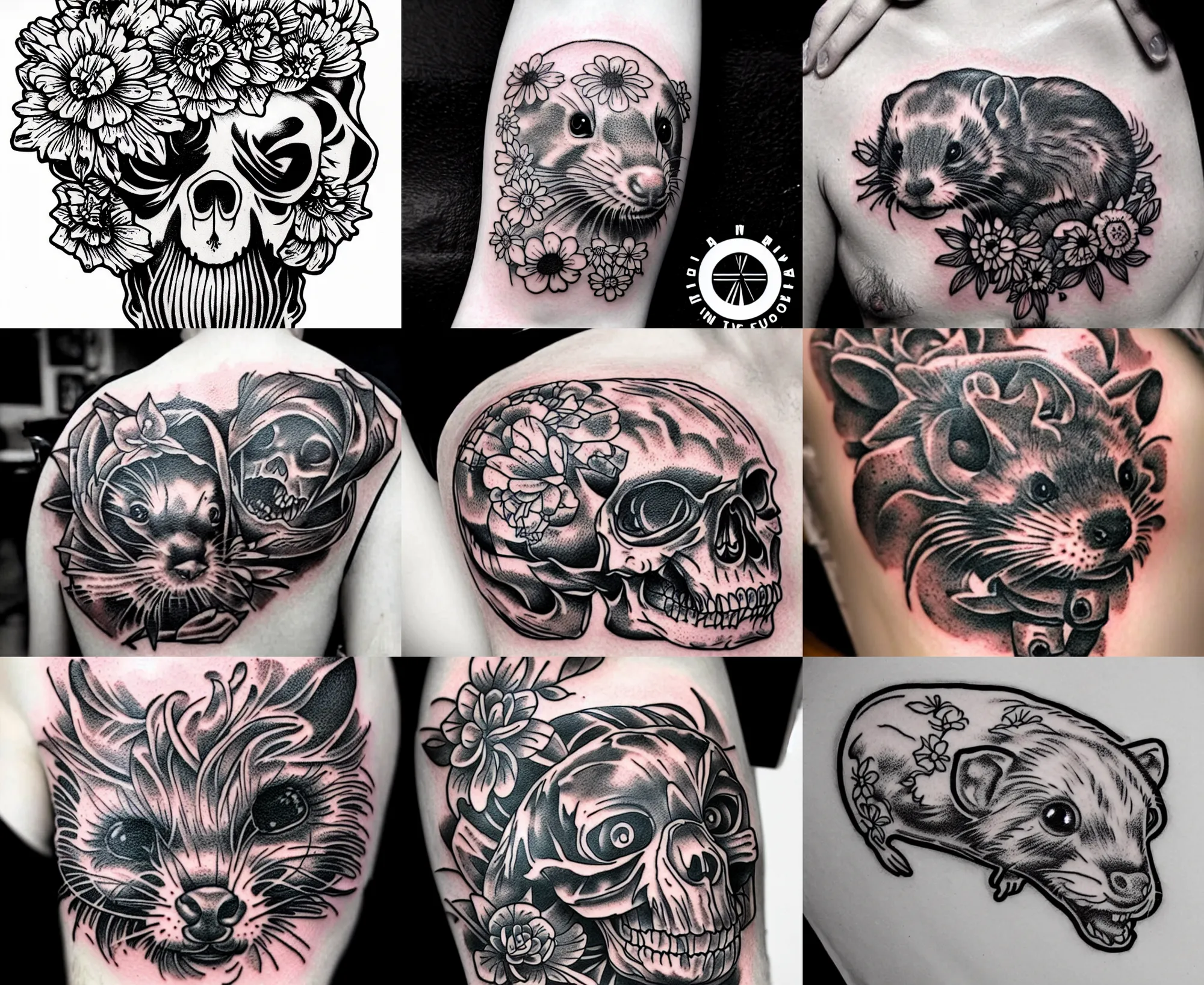 Image similar to detailed amazing tattoo stencil of a floral ferret crawling on a human skull