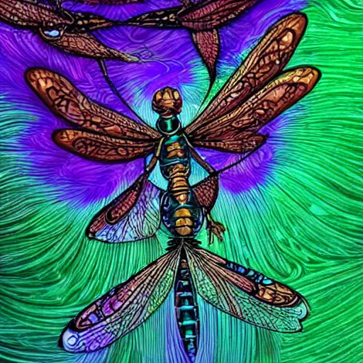 Image similar to brown woman wearing a shiny dragonfly armor. dragon fly wings for hair. green, blue, and purple sheen. intricate. super detailed. layered. textured. award winning. dispersion of light. refracted lighting. soft. fragile.