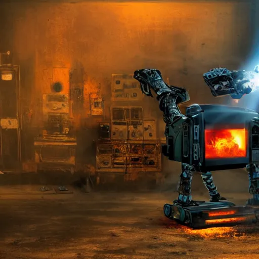 Image similar to toaster oven terminator robot, dark messy smoke - filled cluttered workshop, dark, dramatic lighting, orange tint, sparks, plasma charge, cinematic, highly detailed, sci - fi, futuristic, movie still