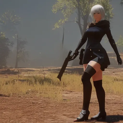 Prompt: Film still of 2B nier automata in Red Dead Redemption 2 (2018 video game), medium full shot, detailed skin and thick thighs, artstation, artstation hq, hd, 4k