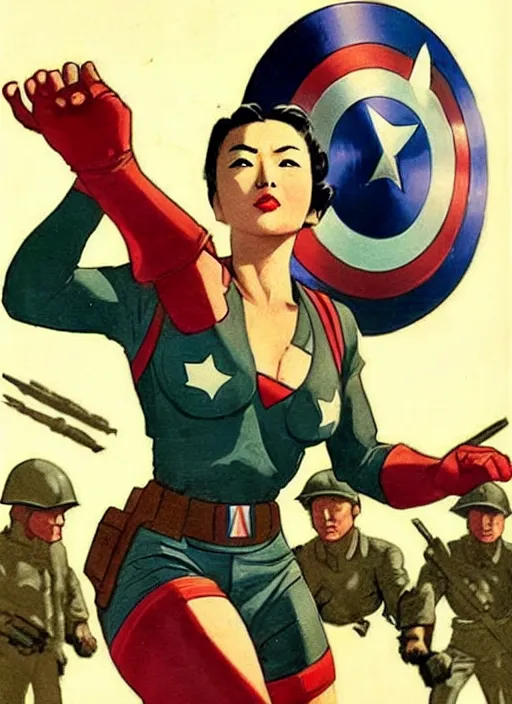 Image similar to beautiful asian female captain america standing on a pile of defeated, beaten and broken german soldiers. feminist captain america wins wwii. american wwii propaganda poster by james gurney. gorgeous face. overwatch