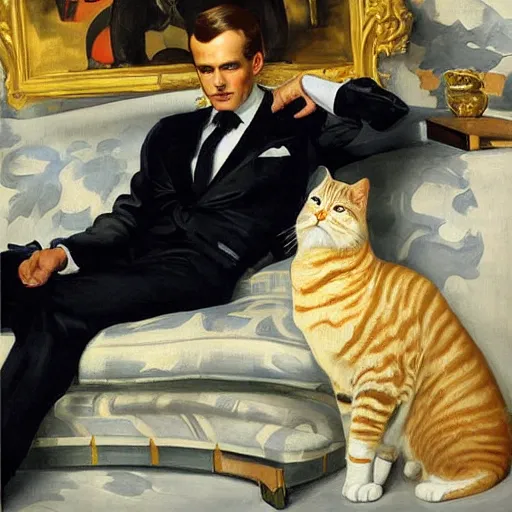 Prompt: portrait of macron reclining on the sofa, petting a cat, black suit, by j. c. leyendecker, tamara de lempicka