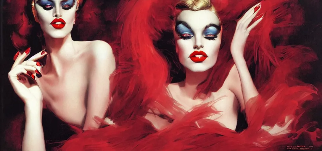 Image similar to an 8 0 s portrait of a woman with dark eye - shadow and red lips with dark slicked back hair dreaming acid - fueled hallucinations by serge lutens, rolf armstrong, delphin enjolras, peter elson