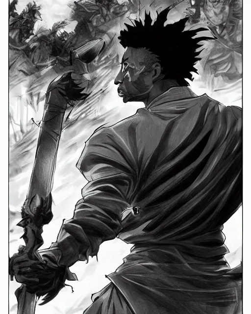 Image similar to a very detailed pencil drawing of 2 1 savage in demon slayer manga panel, action lines, greg rutkowski, in field high resolution, dynamic pose, landscape, medium portrait, action, hyper realistic, manga, koyoharu gotouge, sakuga