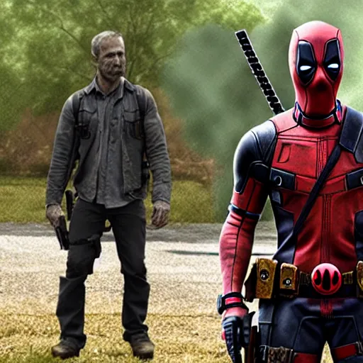 Image similar to deadpool in the walking dead 4 k detailed super realistic