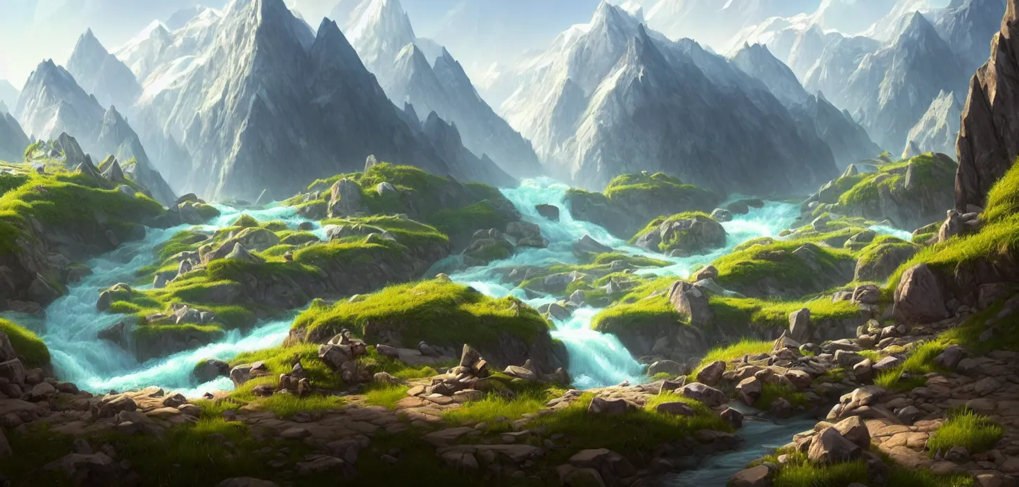 Image similar to lake in mountains streams and rivers flow down slopes of mountains and rocks into the valley spring in mountains, trumpet, by dom qwek, fish eye view, trending on polycount, artstation, 3 d hammer modeling, hd, vray, 8 k, sharp high quality artwork in style of greg rutkowski, concept art, blizzard warcraft artwork, hearthstone card artwork