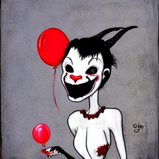 Image similar to grunge cartoon painting of goat with a wide smile and a red balloon by chris leib, loony toons style, pennywise style, corpse bride style, horror theme, detailed, elegant, intricate