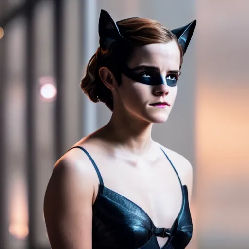 Image similar to Emma Watson as Catwoman, Fujifilm X-T3, 1/1250s at f/2.8, ISO 160, 84mm, 8K, RAW, symmetrical balance, Dolby Vision