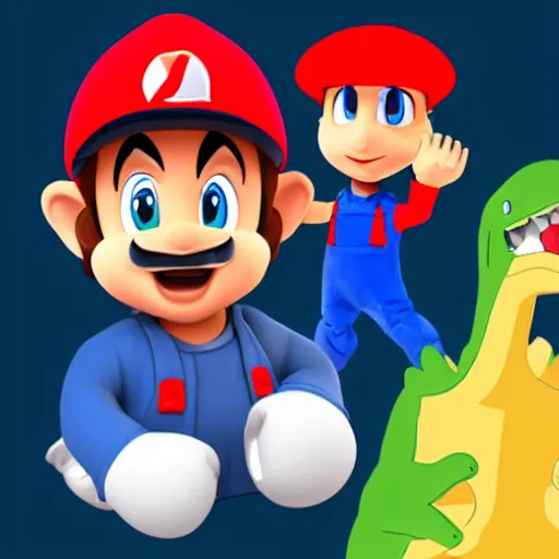 Prompt: italian plumber wearing a red hat and shirt, blue jumpsuit fighting a dinosaur.