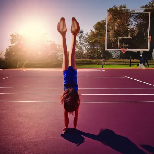 Prompt: a girl doing a handstand on the school basketball court, digital art, lens flare