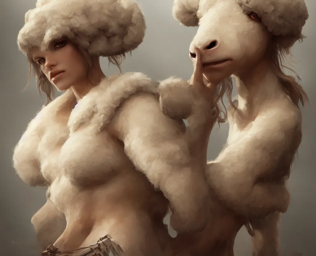 Image similar to female anthropomorphic sheep, realistic portrait, highly detailed, digital painting, artstation, concept art, smooth, sharp focus, illustration, cinematic lighting, art by artgerm and greg rutkowski and alphonse mucha and boris vallejo and frank frazetta