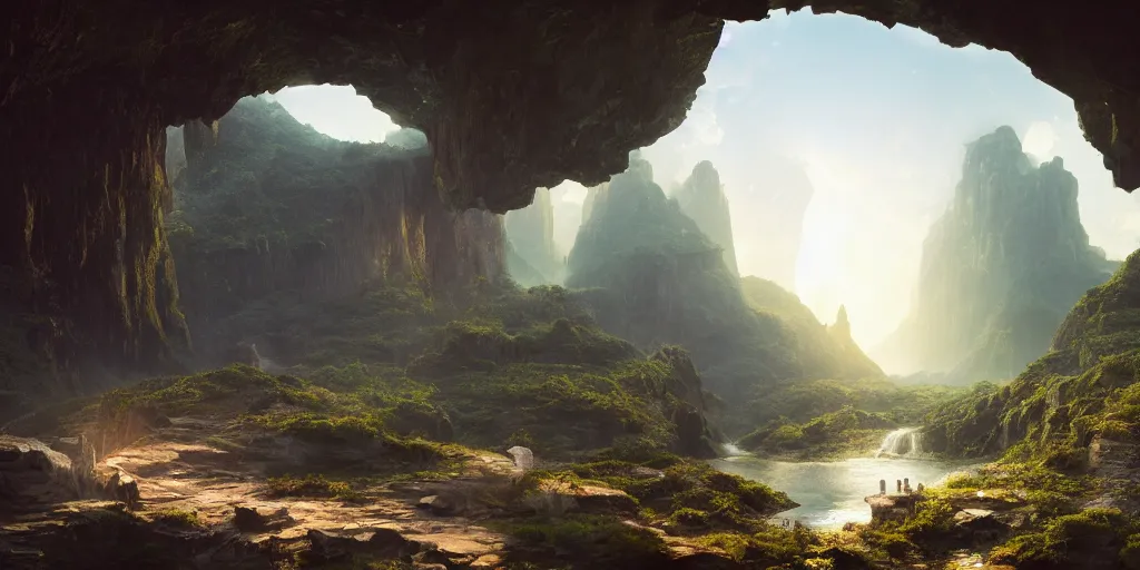 Image similar to discovery of a highly mechnically advanced civilization in a digital cave with minimal lighting in the style of thomas cole, cinematic lighting, raytracing, 8 k, octane render, volumetric, vivid, beautiful, hyperrealism