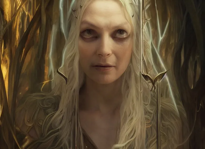 Prompt: a dramatic highly detailed render of Galadriel blended with Gollum, Middle-earth , by WLOP and Artgerm and Greg Rutkowski and Alphonse Mucha, Beautiful dynamic dramatic dark moody lighting, shadows, cinematic atmosphere, Artstation, Octane render, 8K, masterpiece, sharp focus, hyperrealistic, photograph