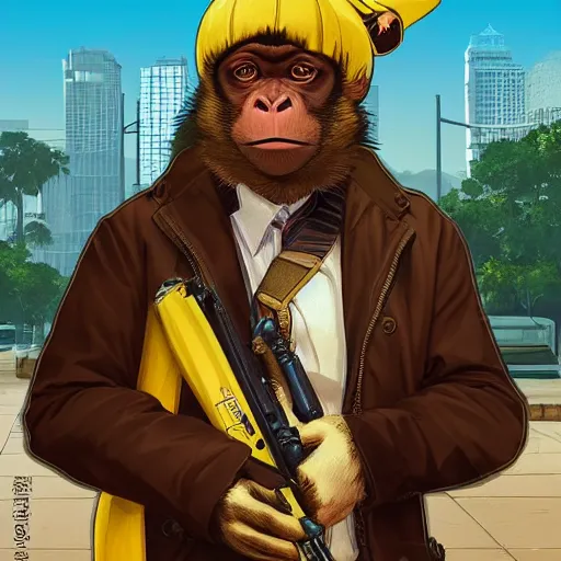 Image similar to [Monkey as president of Banana as GTA character, propaganda!, closeup, D&D, intricate, elegant, highly detailed, digital painting, artstation, concept art, matte, sharp focus, illustration, art by Artgerm and Greg Rutkowski and Alphonse Mucha and Enki Bilal]