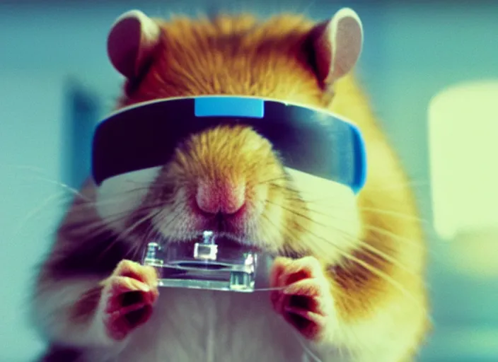 Prompt: film still of a hamster wearing goggles working in a research lab using a tiny microscope, 8 k