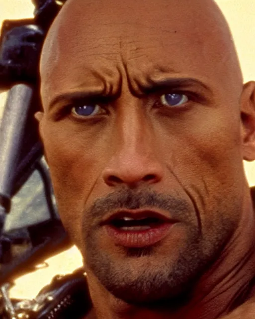 Image similar to film still close up shot of dwayne johnson as max rockatansky in the movie mad max 2 the road warrior. photographic, photography