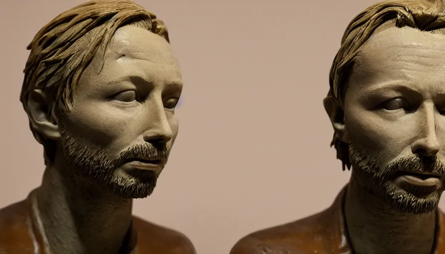 Prompt: a bust of thom yorke made of chocolate, sitting on a table
