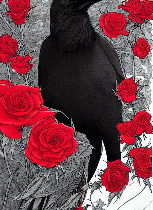 Prompt: portrait, A proud crow with red eyes in front of the full big moon, book cover, red roses at the top, red white black colors, establishing shot, extremly high detail, foto realistic, cinematic lighting, pen and ink, drawing, by Yoshitaka Amano, Ruan Jia, Kentaro Miura, Artgerm, post processed, concept art, artstation, matte painting, style by eddie mendoza, raphael lacoste, alex ross