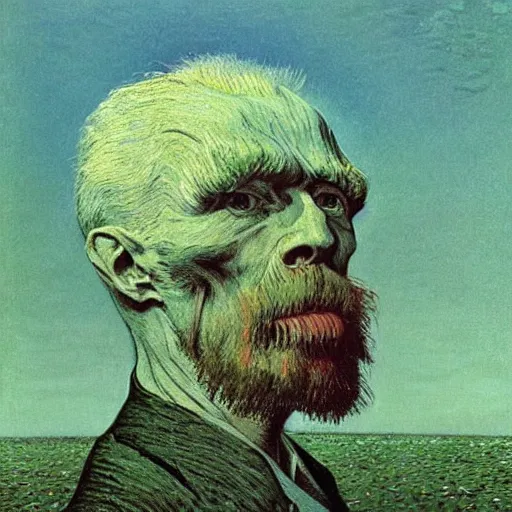 Prompt: illustrated by zdzisław beksinski and van gogh